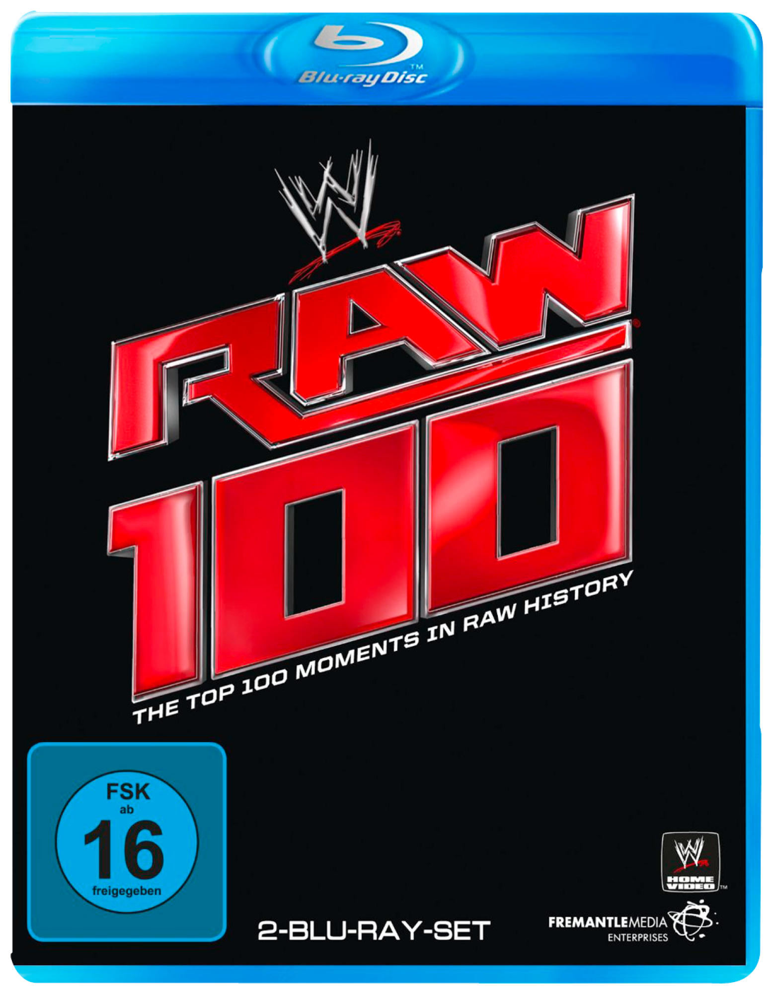 Blu-ray-Box mit dem WWE Raw 100 Logo. Blaues und schwarzes Farbschema mit Altersfreigabe.