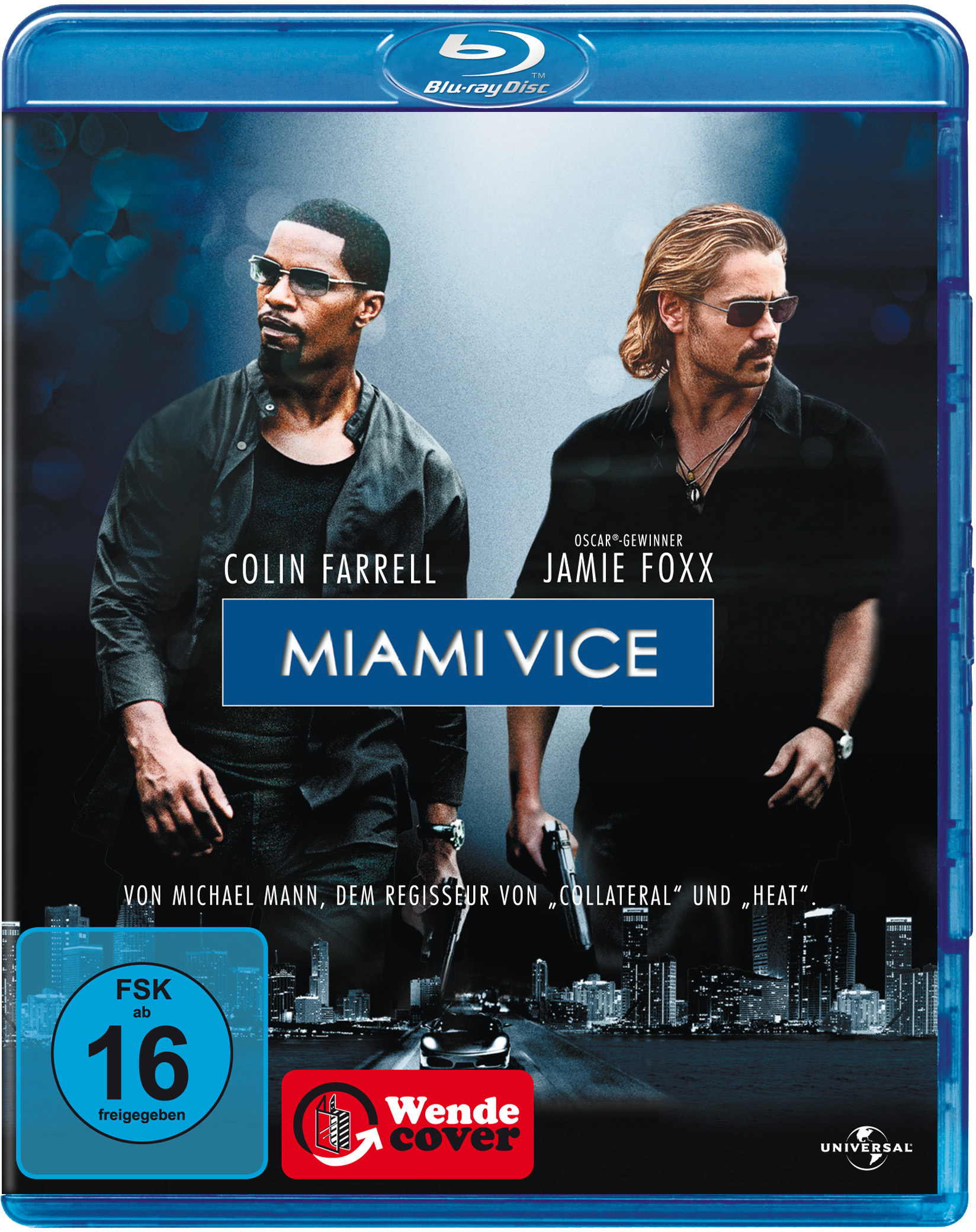 Miami Vice DVD-Cover, mit Colin Farrell und Jamie Foxx. Blu-ray Disc Logo ist sichtbar.