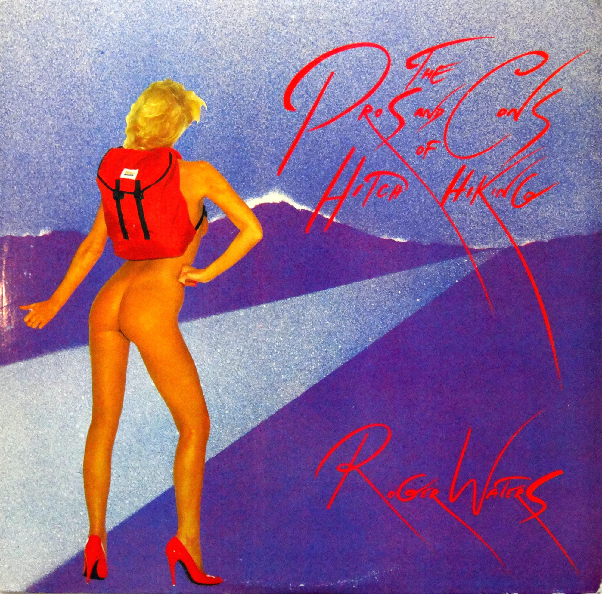 Albumcover mit einer nackten Frau mit rotem Rucksack, stehend auf einer lila und blauen Landschaft.