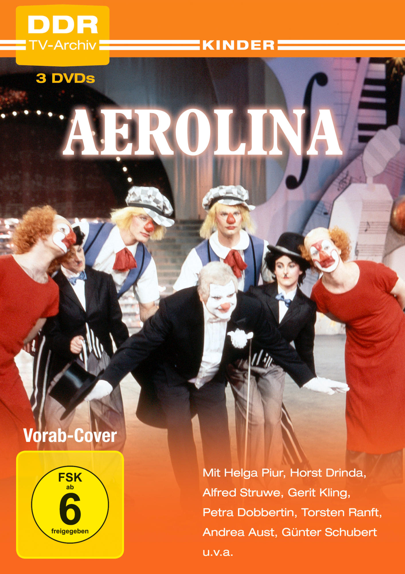 DVD-Cover: Aerolina. Clowns in einer Zirkusumgebung. Titel und Namen der Darsteller sind sichtbar.