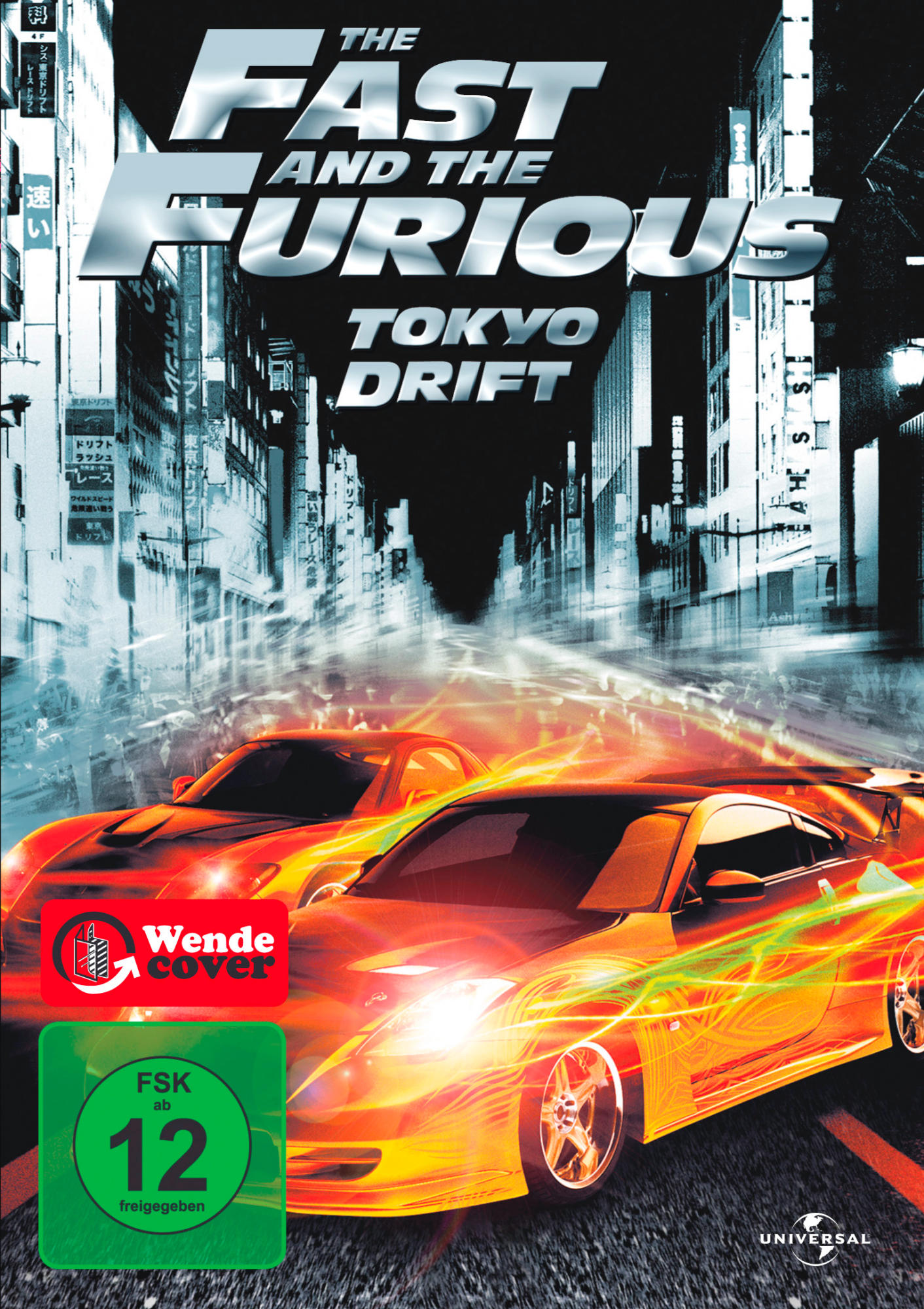 Filmcover: Zwei orangefarbene Autos in Tokio, Titel 'The Fast and the Furious: Tokyo Drift'.