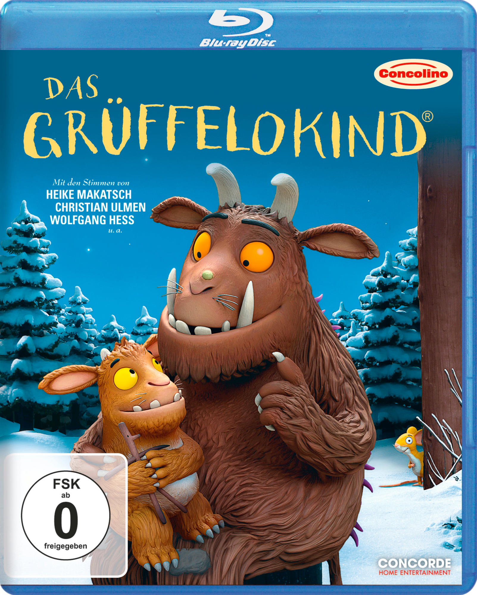DVD-Cover: Grüffelo- und Kinderfiguren, verschneiter Waldhintergrund.