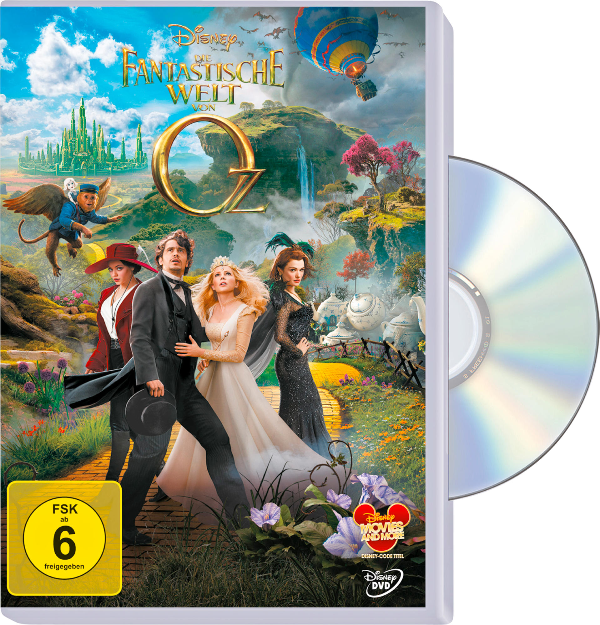 DVD-Cover: Charaktere aus 'Der Zauberer von Oz', mit blauem und grünem Hintergrund und einer DVD.