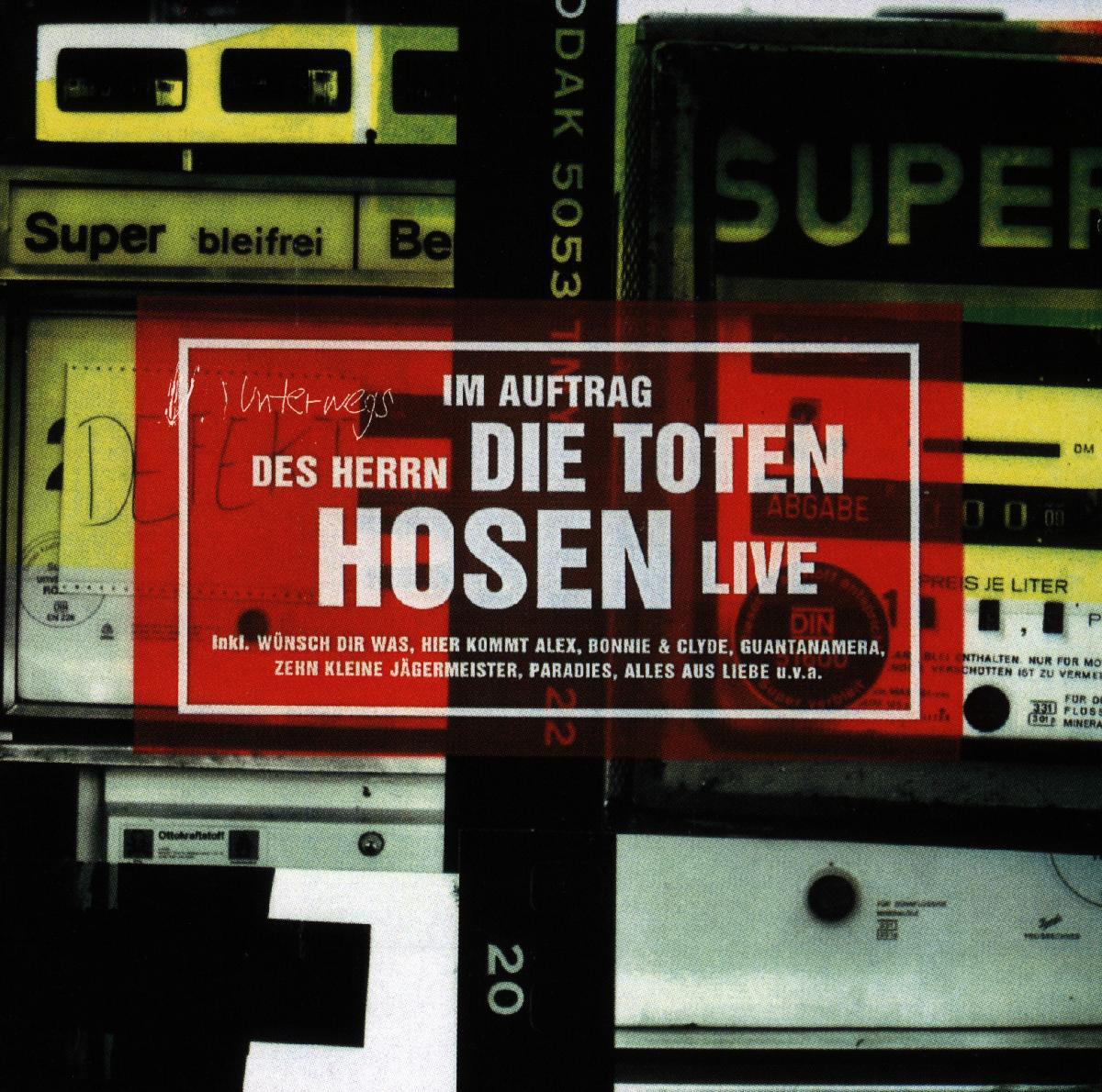Albumcover mit Text 'Die Toten Hosen Live' und Tankstellenhintergrund.