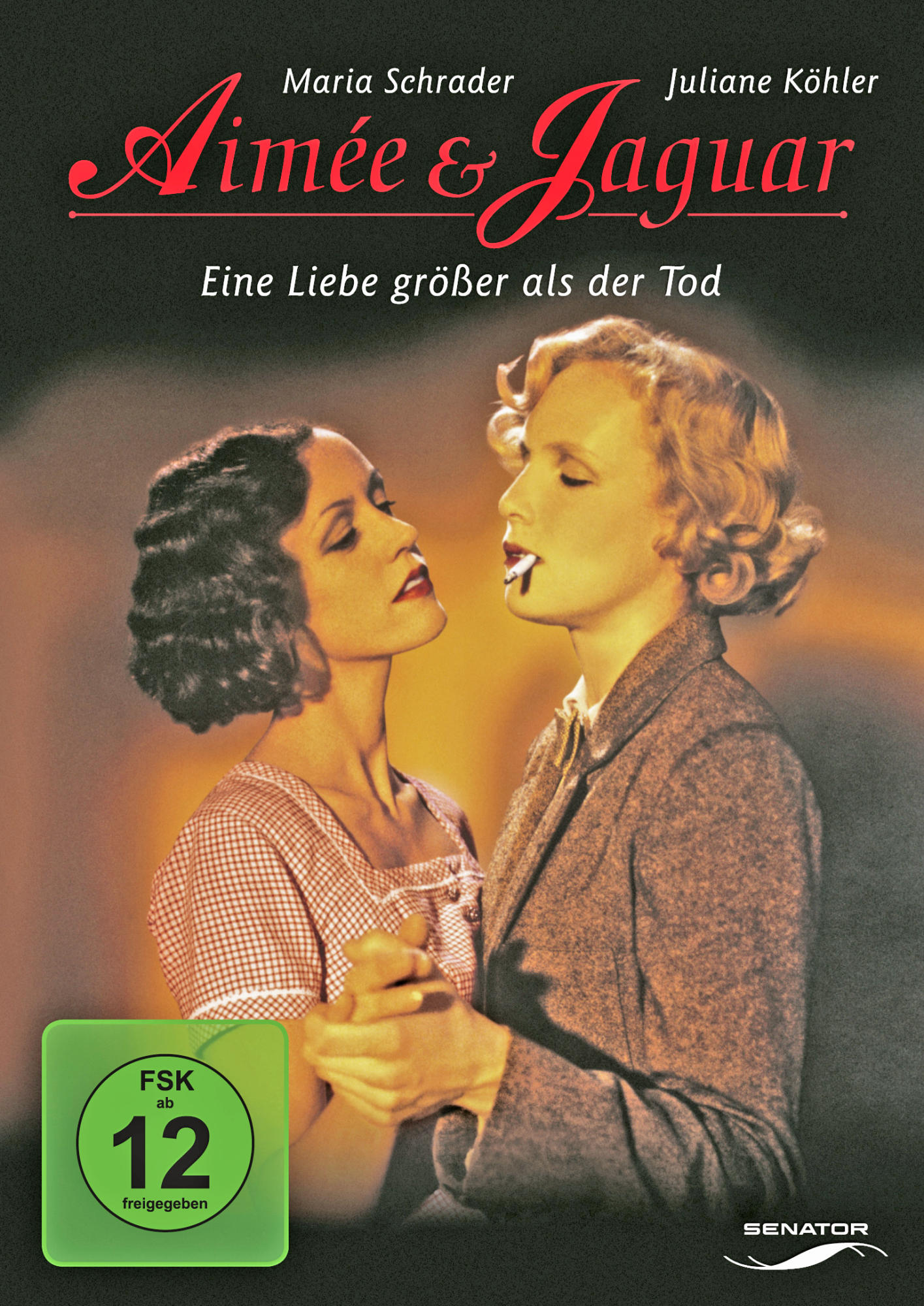 DVD-Cover eines Films. Zwei Frauen in einer leidenschaftlichen Pose. Titel: Aimée & Jaguar. Eine Liebe größer als der Tod.