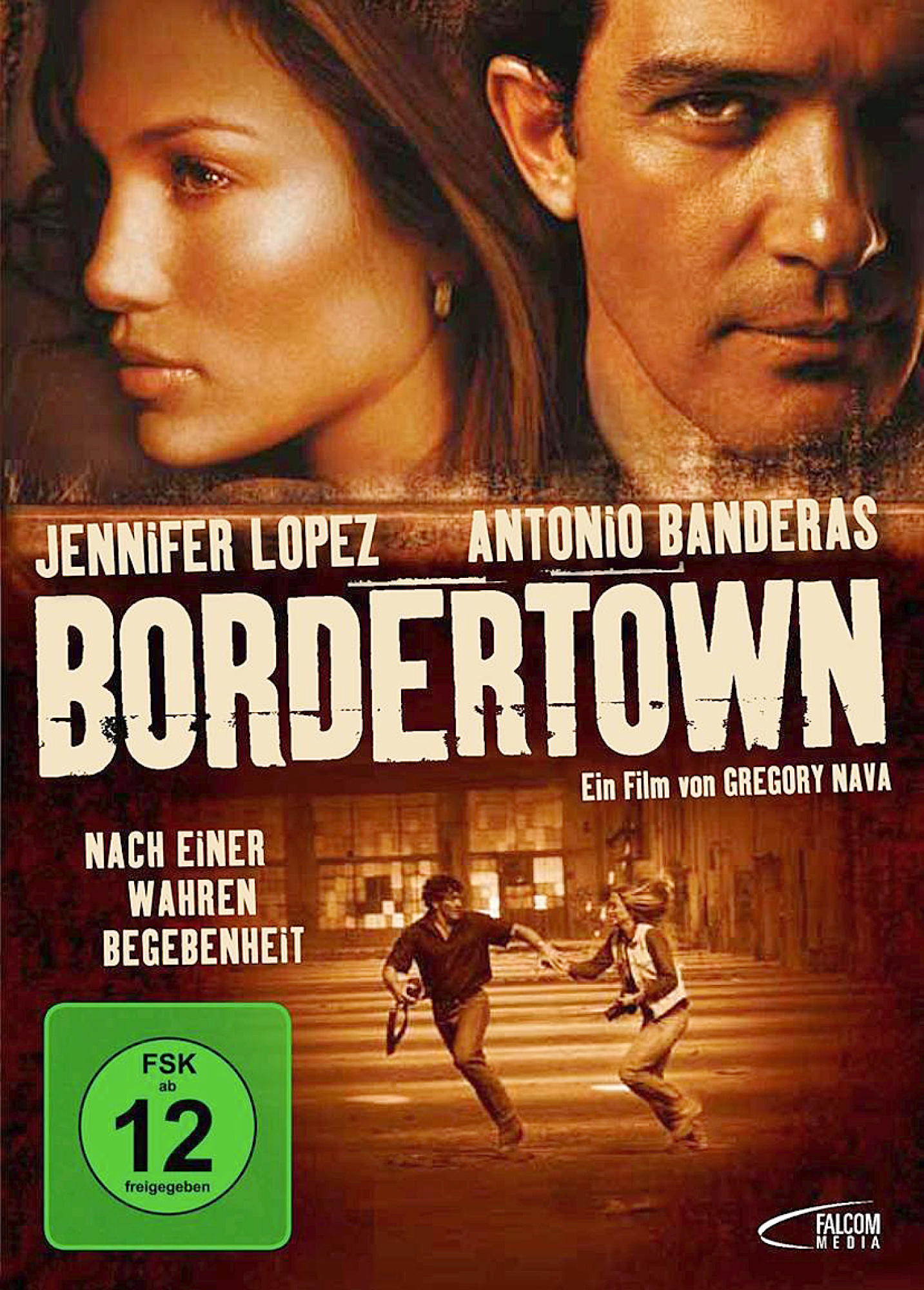 DVD-Cover mit Jennifer Lopez und Antonio Banderas. Text: 'Bordertown'. Filmszene im Hintergrund.