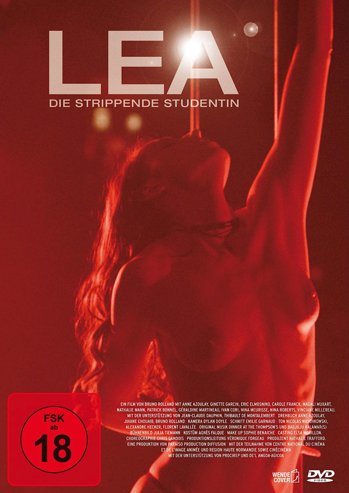 DVD-Cover für den Film 'LEA', mit einer Frau an einer Stange und rotem Hintergrund.