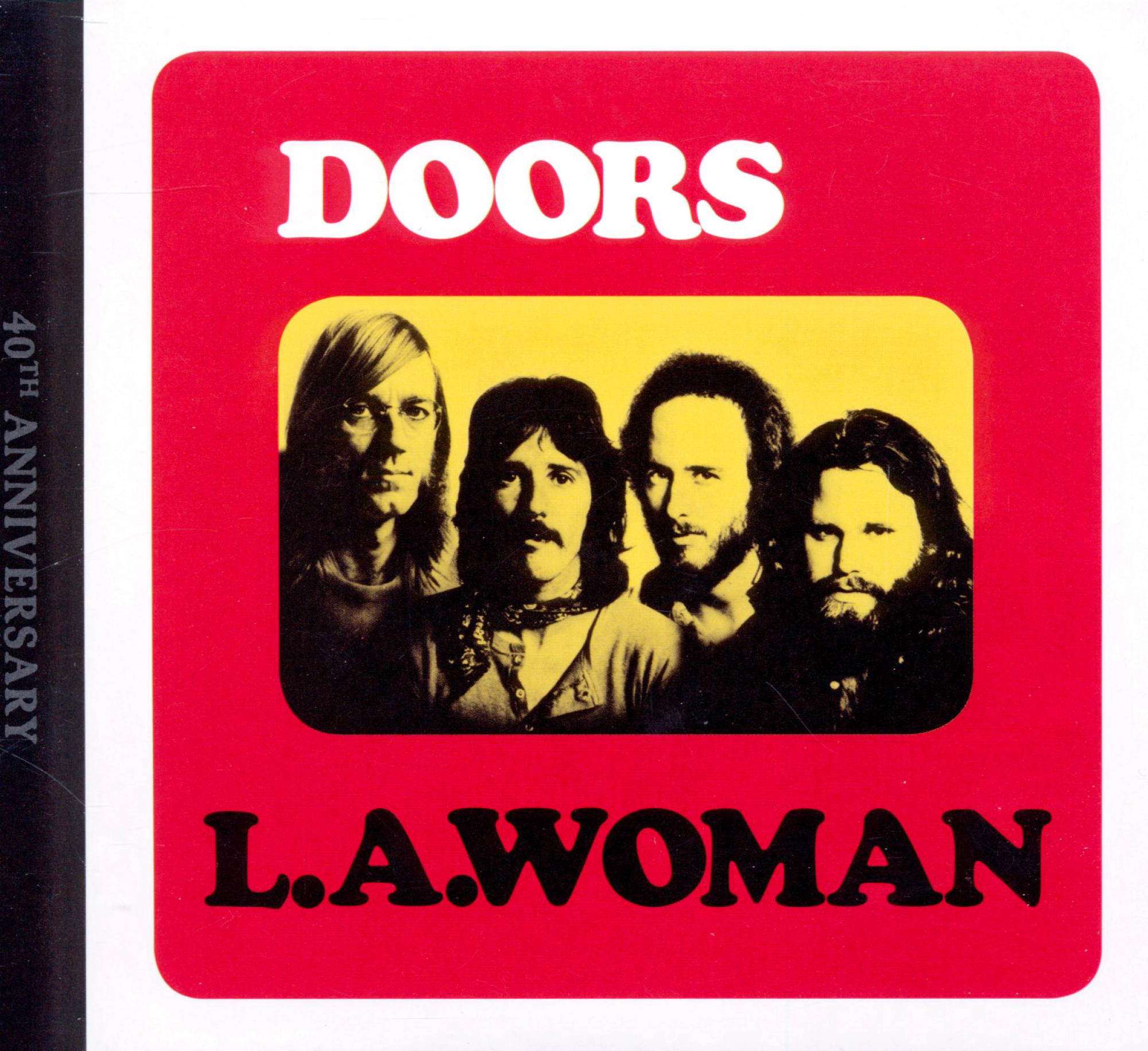 Doors-Albumcover. Vier Bandmitglieder mit rotem Hintergrund und Text: Doors L.A. Woman.