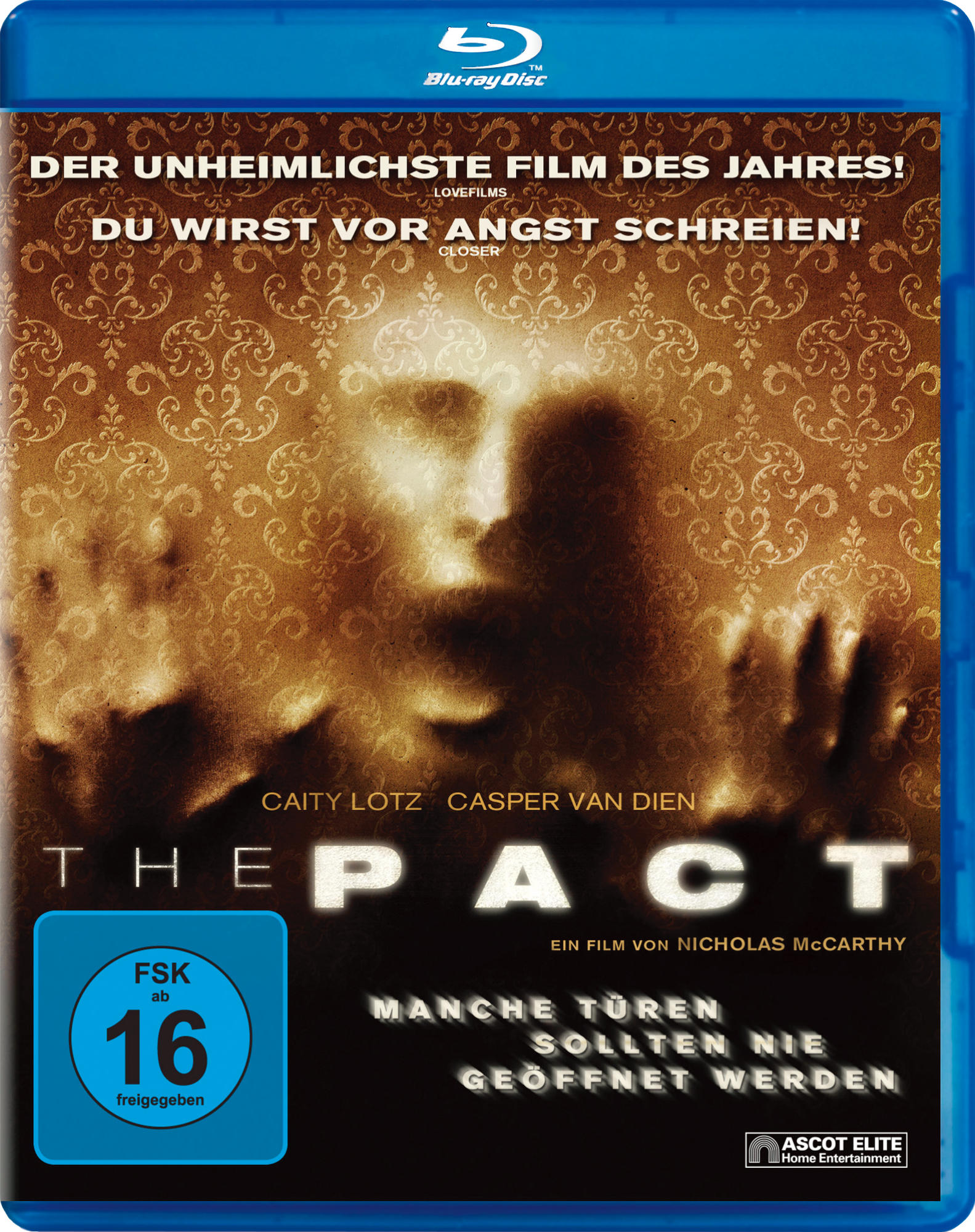Blu-ray-Cover für 'The Pact'. Das Gesicht einer Frau hinter verschwommenem, gemustertem Glas, dunkler Hintergrund.