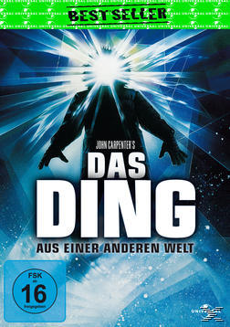 DVD-Cover: Das Ding aus einer anderen Welt. Silhouette einer Person mit hellem Licht auf dem Kopf. Deutscher Text.