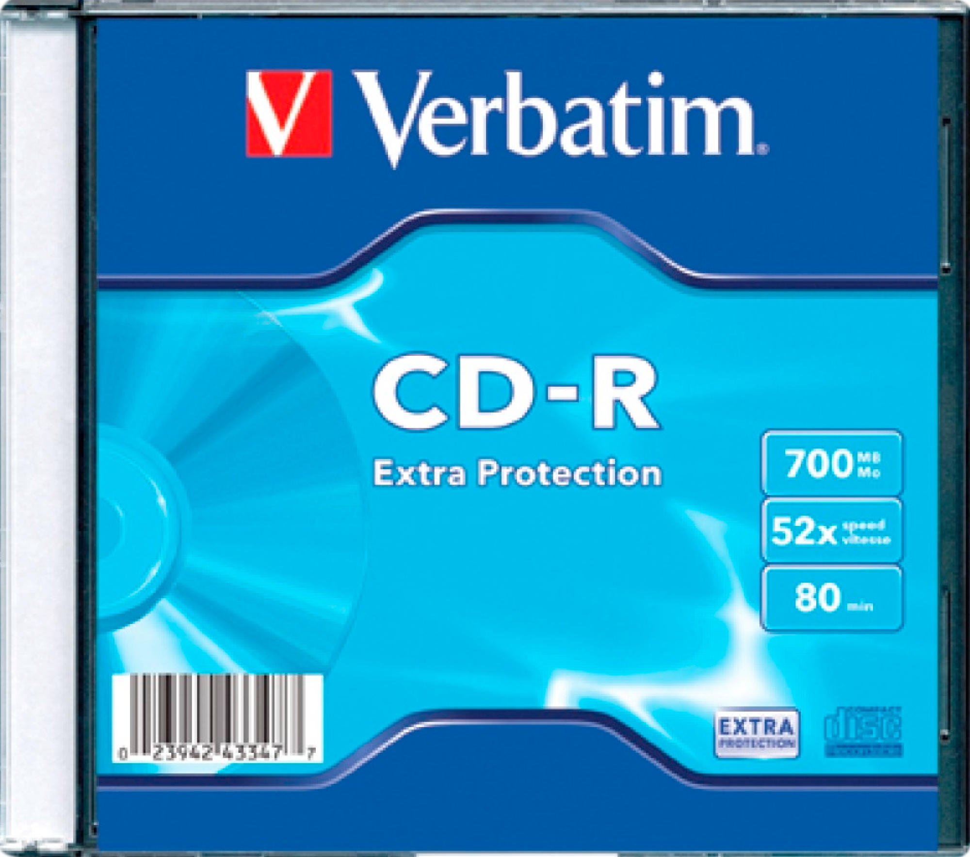 Verbatim CD-R csomag, kék, fehér szöveggel. CD-R, 700MB, 52x sebesség és 80 perc védelem.