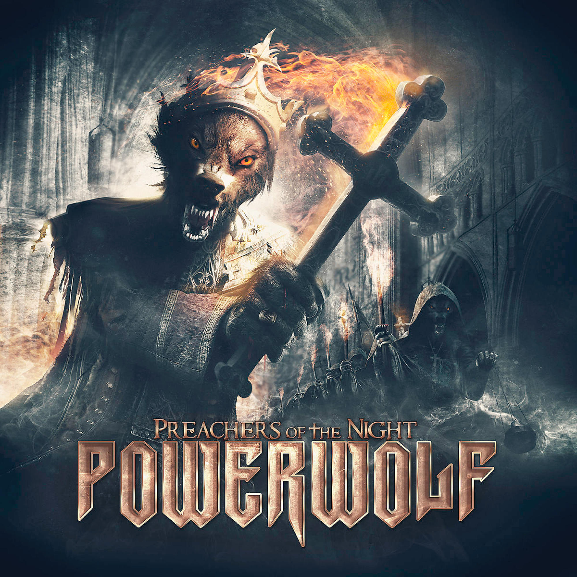 Albumcover mit einem Werwolf, der ein Kreuz mit Feuer hält. Powerwolf, Preachers of the Night.