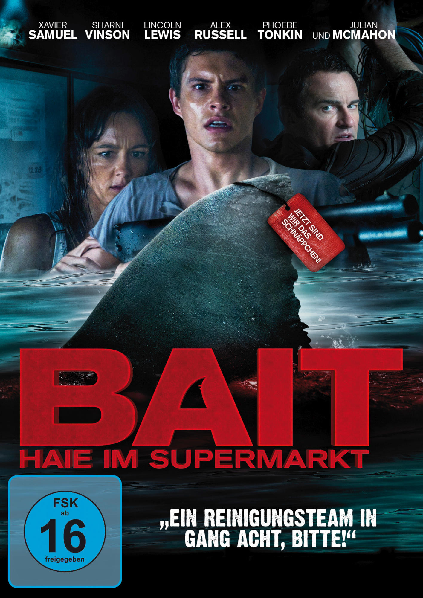 Filmplakat: Personen im Wasser mit einer Haifischflosse. Titel: Bait. Deutscher Text, Rating-Logo.