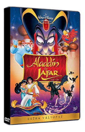 DVD borító: Aladdin és Jafar. Aladdin, Jázmin és a Dzsinn szerepel.