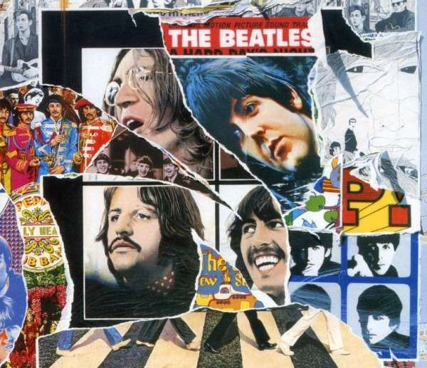 Album borító: A Hard Day's Night a The Beatlestől. A zenekar képeinek kollázsa.