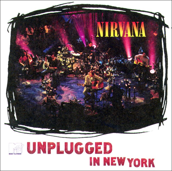 A Nirvana 'Unplugged in New York' albumának borítója. A zenekar a színpadon játszik, fekete kerettel és fehér háttérrel.