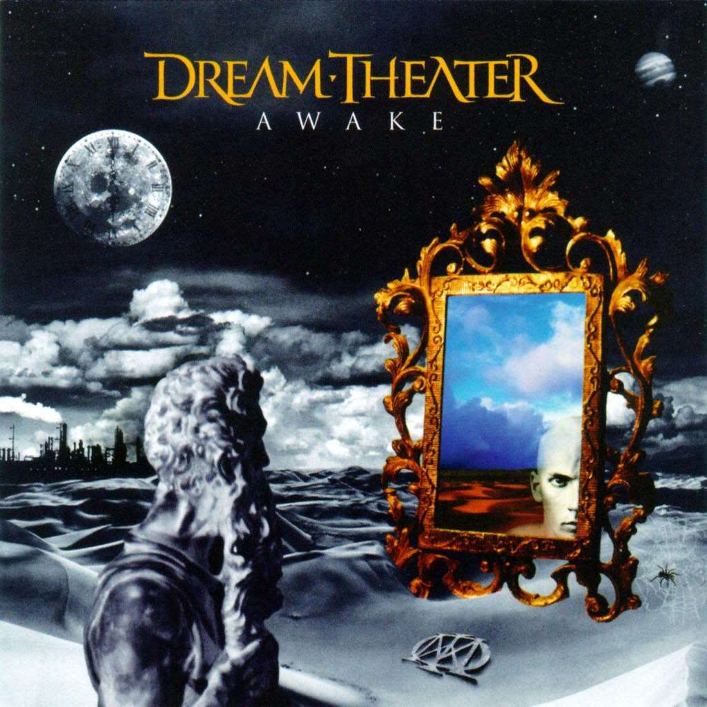 Album borító Dream Theater logóval, szoborral, teliholddal, sivataggal és keretes arccal.