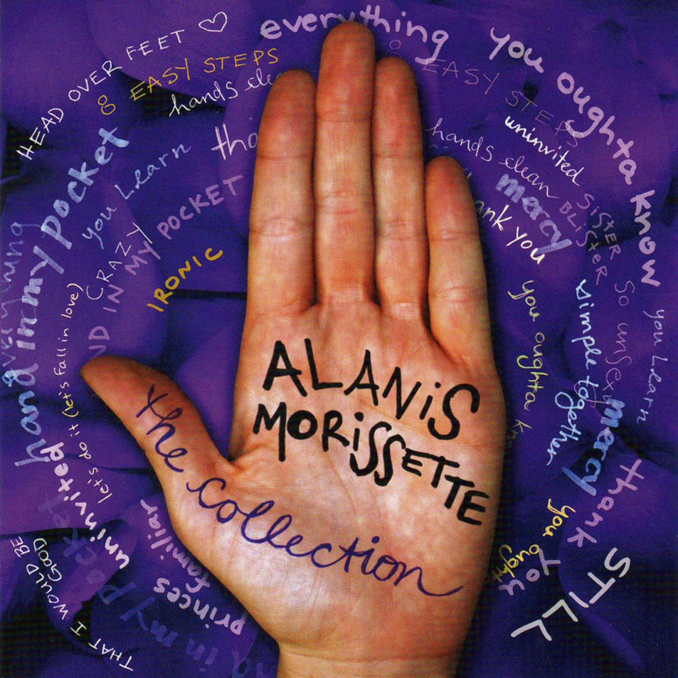 Egy Alanis Morissette CD borítója egy kézzel. A cím a tenyéren van.
