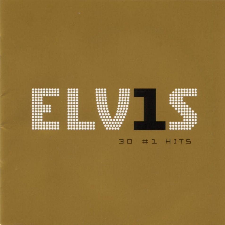 Album borító 'ELVIS 30 #1 HITS' fehér pontokkal arany háttéren. Az '1' fekete négyzet.