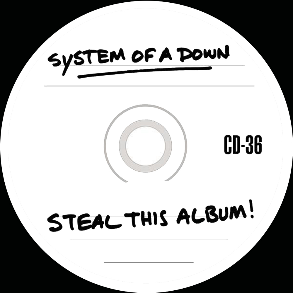 CD címke: System of a Down, "Steal This Album!". Fehér korong fekete kézírással.