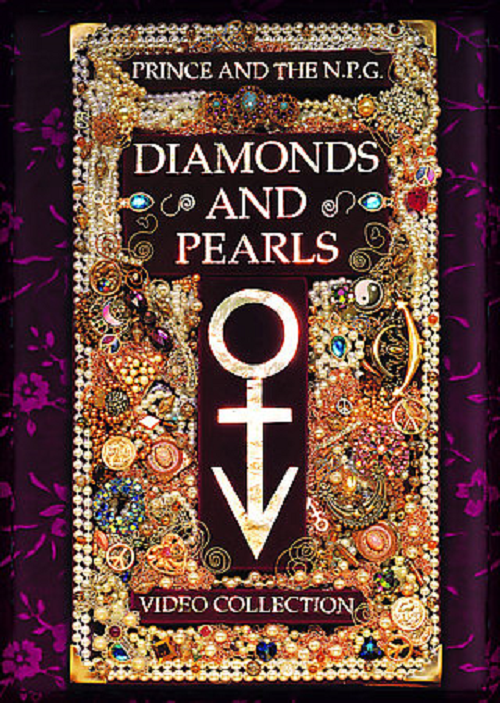 Diamonds and Pearls album borítója. Díszes, ékszerekkel és Prince szimbólummal.