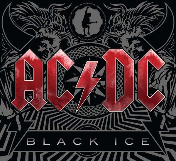 AC/DC 'Black Ice' album borítója. Piros betűk és villám fekete háttérrel, figurával.
