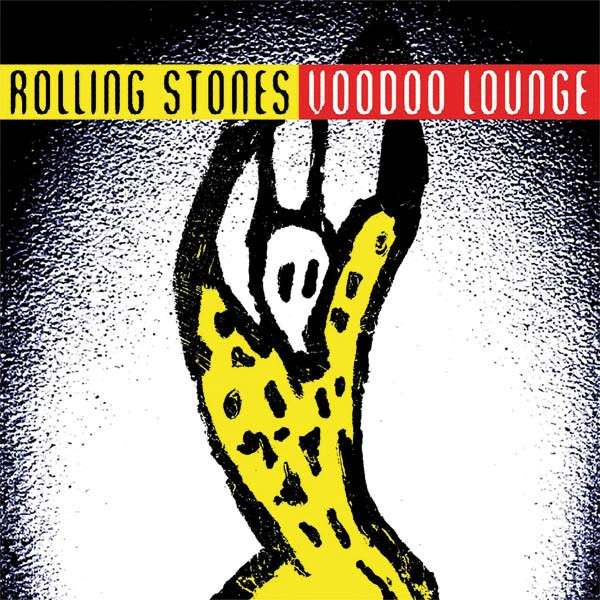 A Rolling Stones, Voodoo Lounge album borítója, sárga és fekete absztrakt dizájnnal.