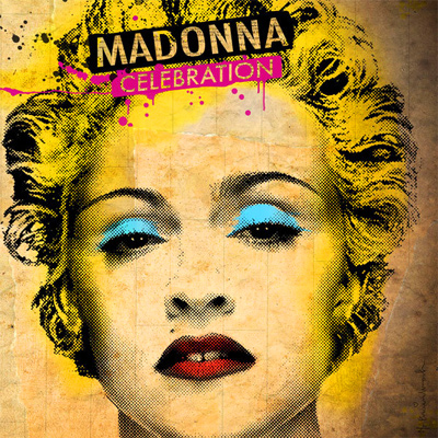 Madonna album borító az arcával, stilizálva élénk színekkel és a „Celebration” szóval.