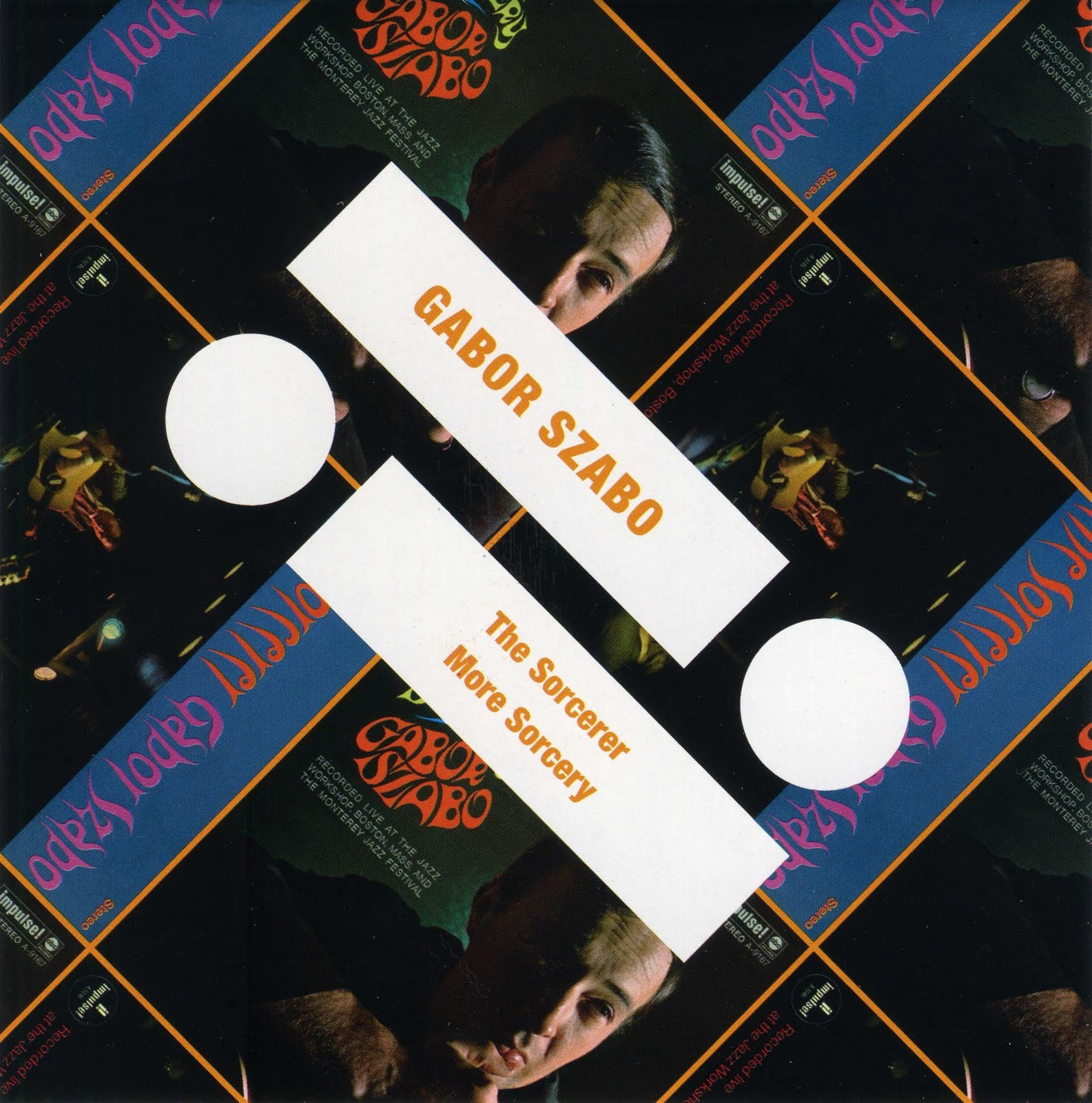 Album borító: Gabor Szabo, 'The Sorcerer' címmel. Absztrakt design geometrikus formákkal és arccal.