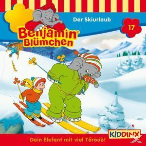 Buchcover mit Cartoon eines Elefanten, der mit einem Jungen Ski fährt, auch ein fliegender Elefant. 'Benjamin Blümchen'.