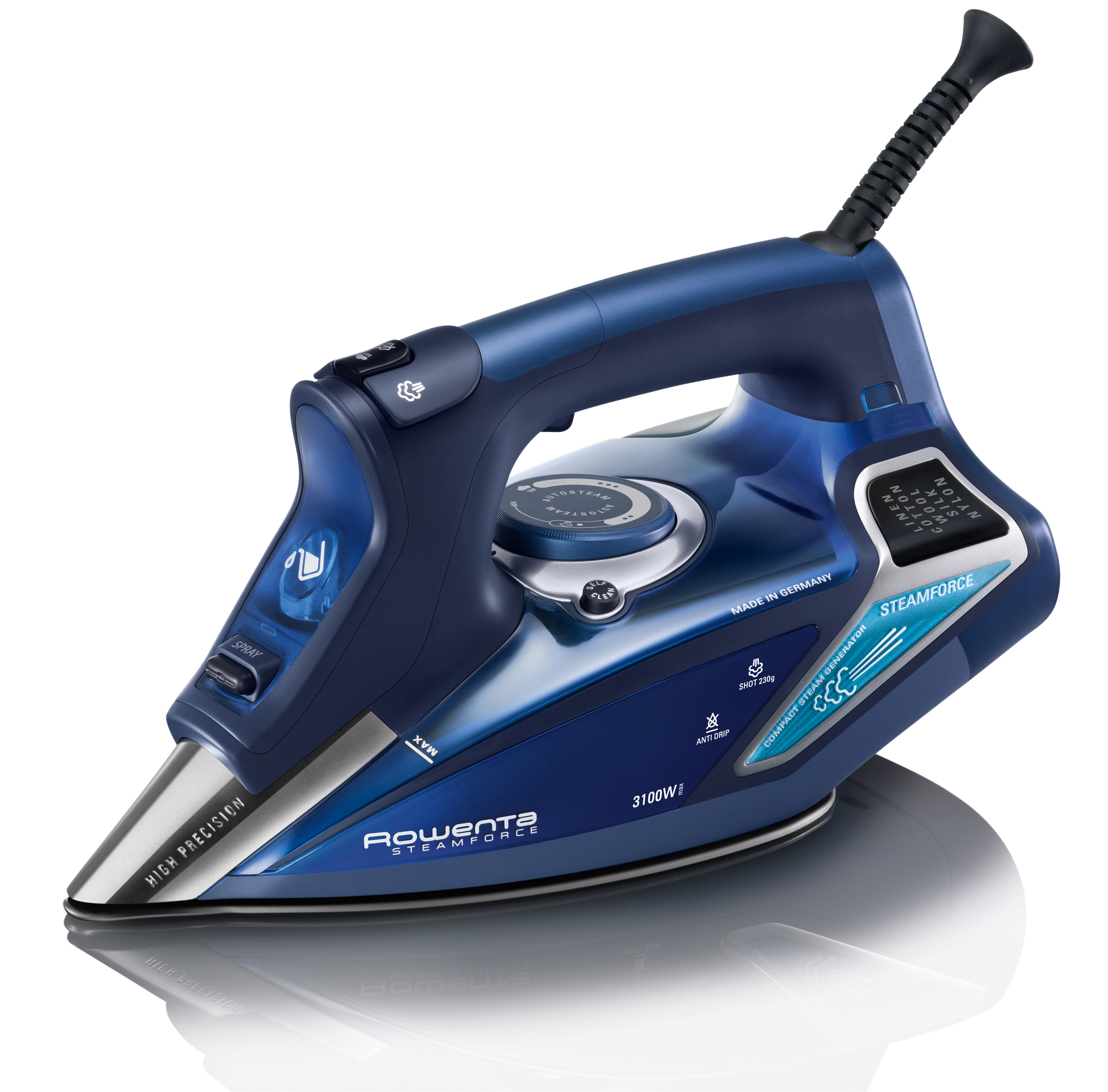 Rowenta Steamforce Bügeleisen in Blau. Mit Dampfeinstellungen, Wassertank und schwarzem Kabel.
