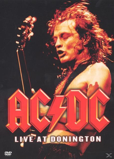 DVD-Cover von AC/DC live in Donington, ein Mann mit langen Haaren singt, rotes Logo.