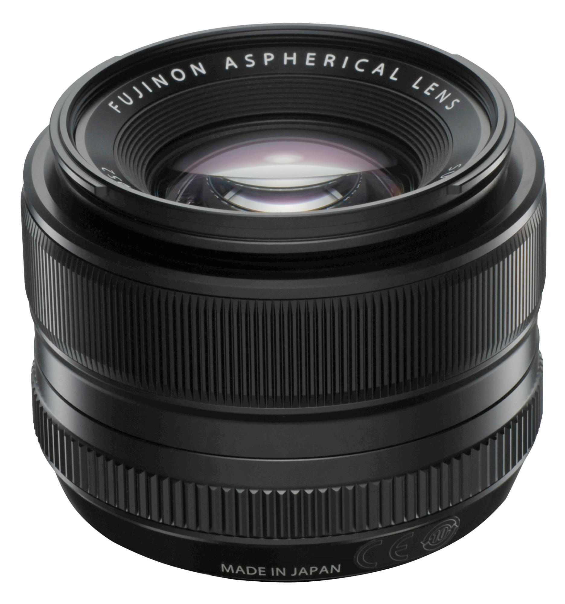 Obiettivo della fotocamera nero con scritte dorate, Fuji Aspherical Lens, su sfondo bianco.