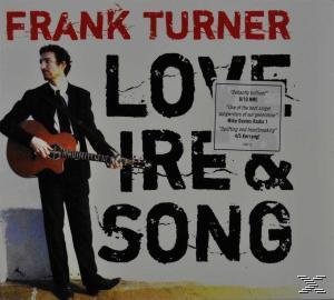 Frank Turner Albumcover. Mann mit Gitarre vor Text: Love Ire & Song. Weißer Hintergrund.