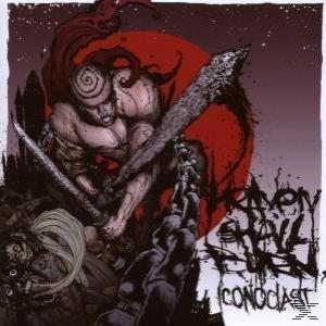 Albumcover mit einem dunklen Bild. Ein Mann mit einem Schwert steht über einer anderen Person. Roter Mond im Hintergrund.