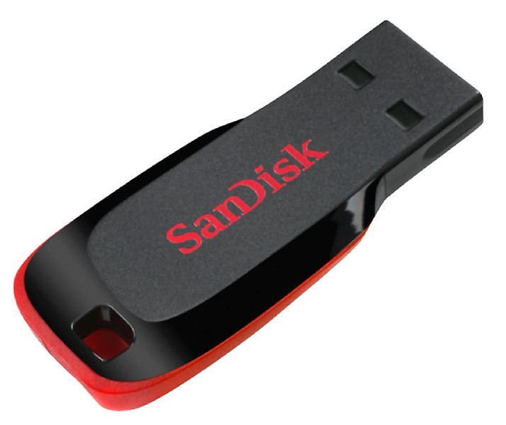Ein schwarz-roter SanDisk USB-Stick. Der Markenname "SanDisk" ist prominent in Rot dargestellt.