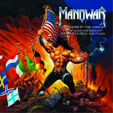 Albumcover: Ein muskulöser Mann mit Flagge inmitten von Kriegsszenen und Flammen.