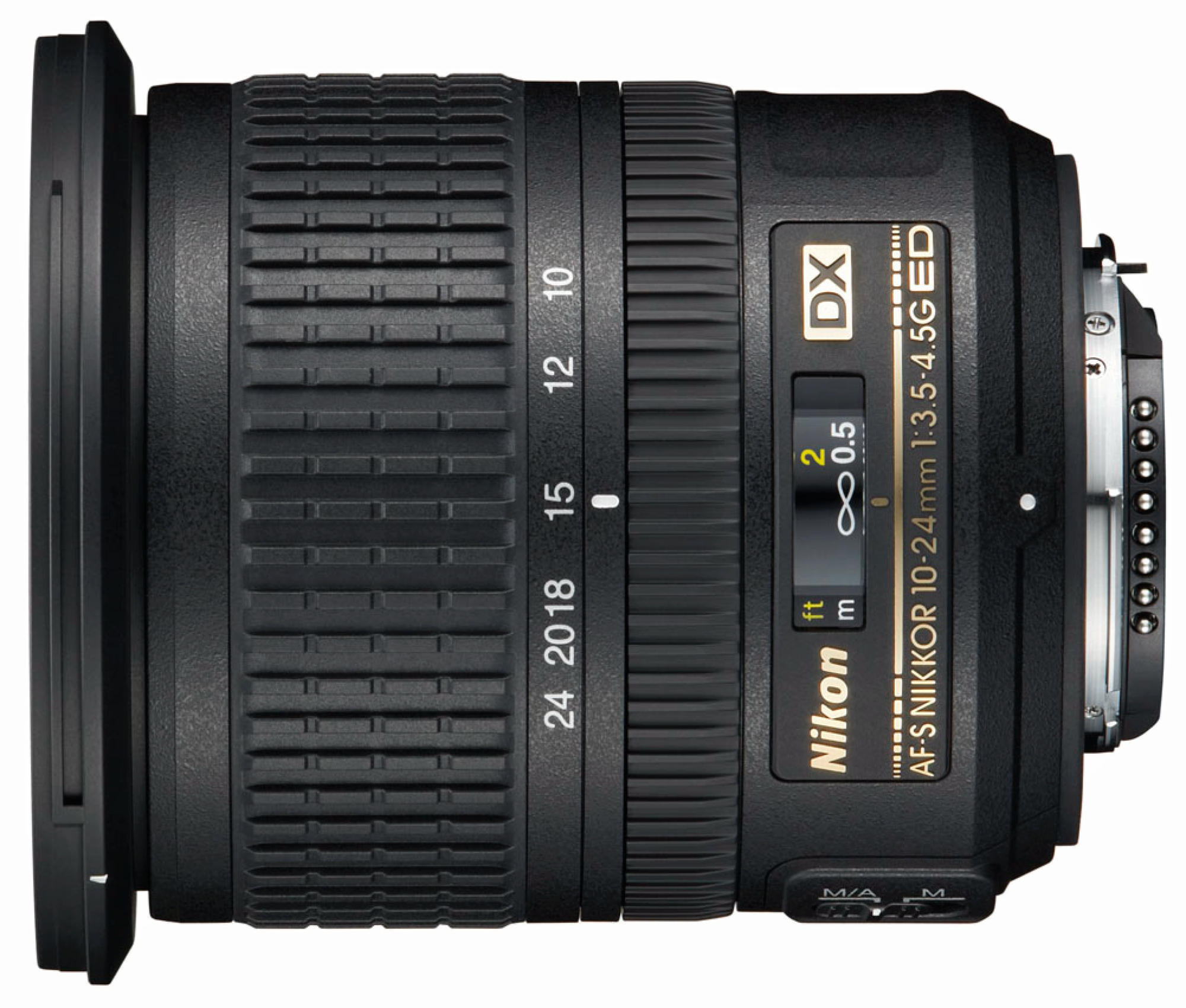 Schwarze Nikon-Linse mit Fokusringen und Entfernungsskala. Sie ist schwarz und hat Text an der Seite.