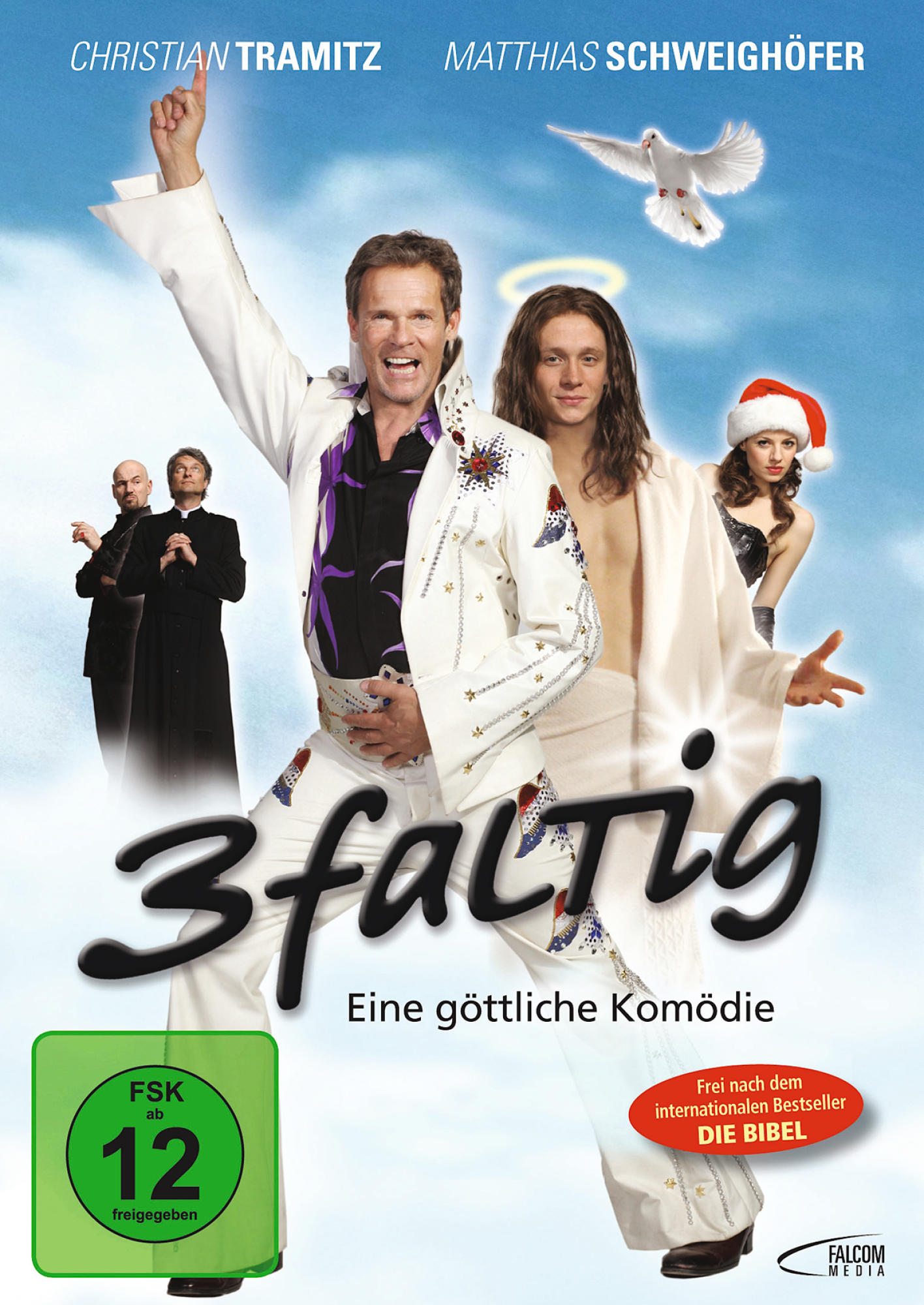 Filmposter mit Schauspielern in Kostümen, einer Taube und Text. Deutscher Titel "3faltig".