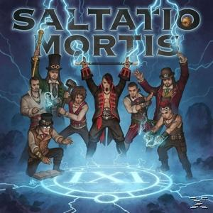 Albumcover von Saltatio Mortis, IX, mit 7 Personen in Kostümen und einem Blitzhintergrund.