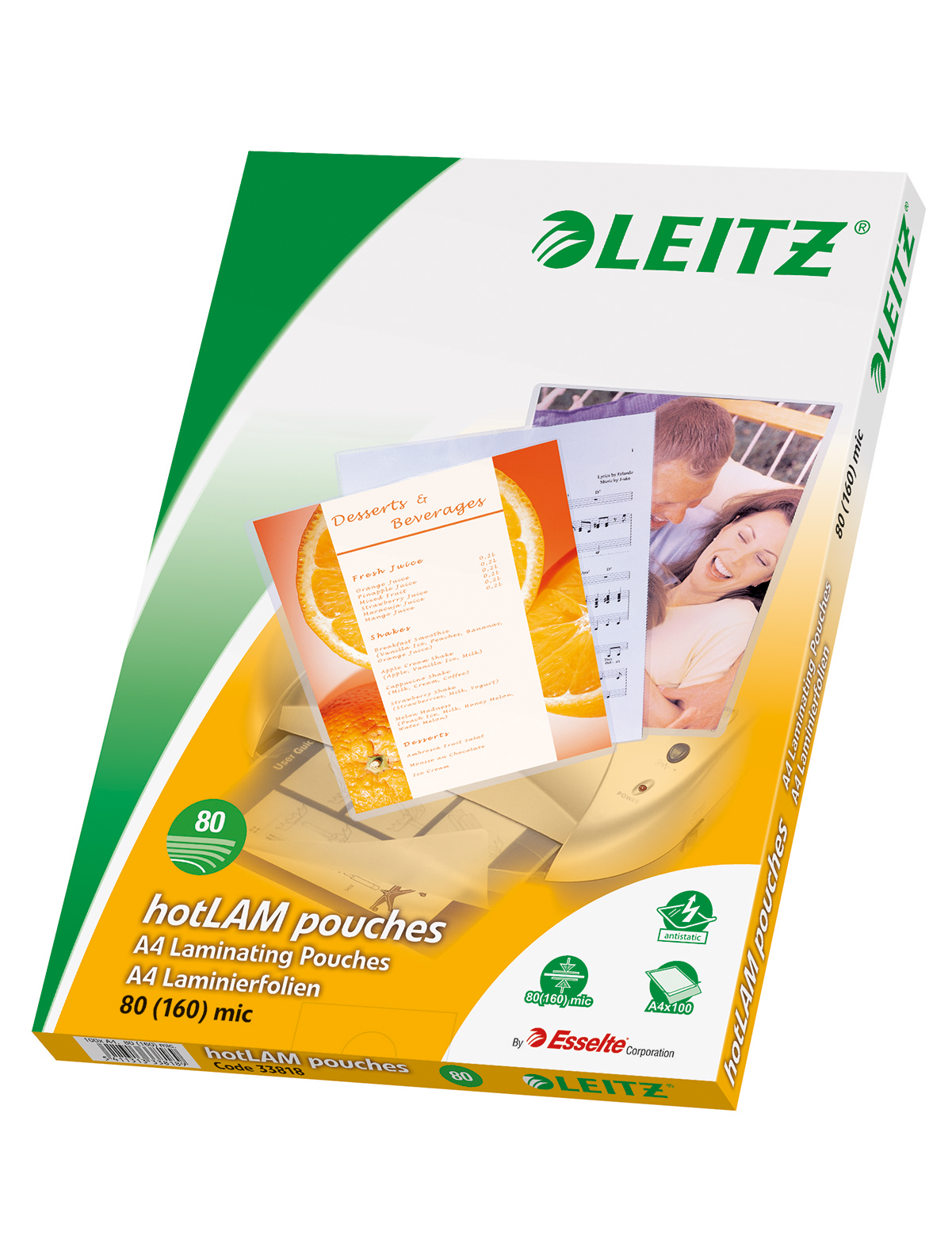 Leitz Laminierfolien-Box mit Dokumenten. Orange und weiße Farben.
