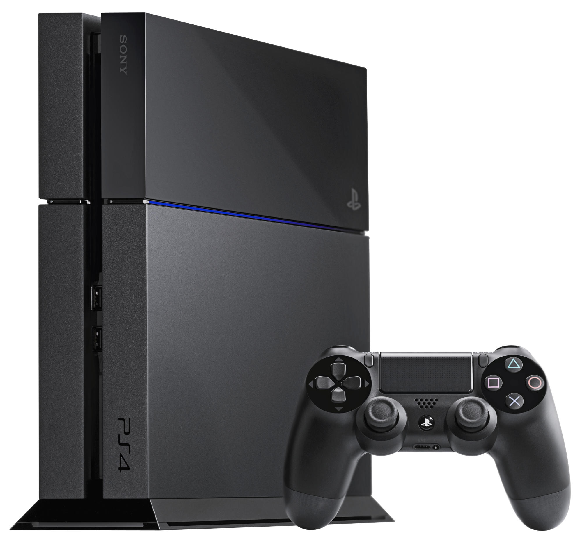 Una consola y un controlador PlayStation 4 negros. La consola está a la izquierda, el controlador a la derecha.