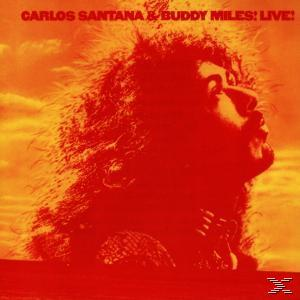 Albumcover. Roter Hintergrund mit einem Gesicht. Albumtitel: 'Live' von Carlos Santana & Buddy Miles.
