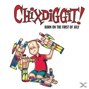 Cartoon-Albumcover mit einem Jungen, der Roboterfiguren hält, roter und weißer Hintergrund.