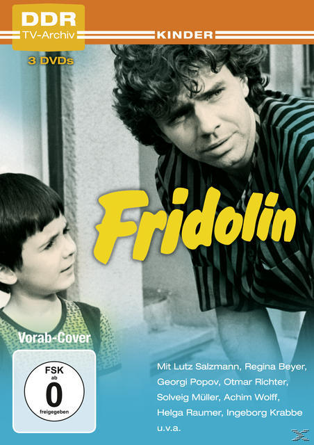 DVD-Hülle für Fridolin, einen Film. Zeigt zwei Personen, einen Jungen und einen Mann, und den Titel in Gelb.