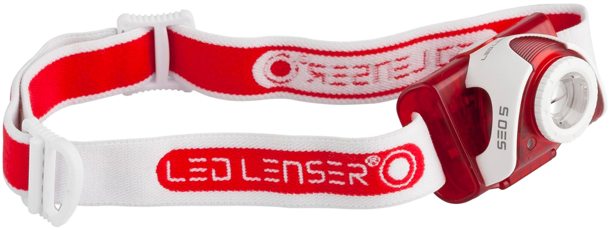Rote und weiße LED Lenser Stirnlampe auf weißem Stirnband. Die Stirnlampe ist rot und weiß.