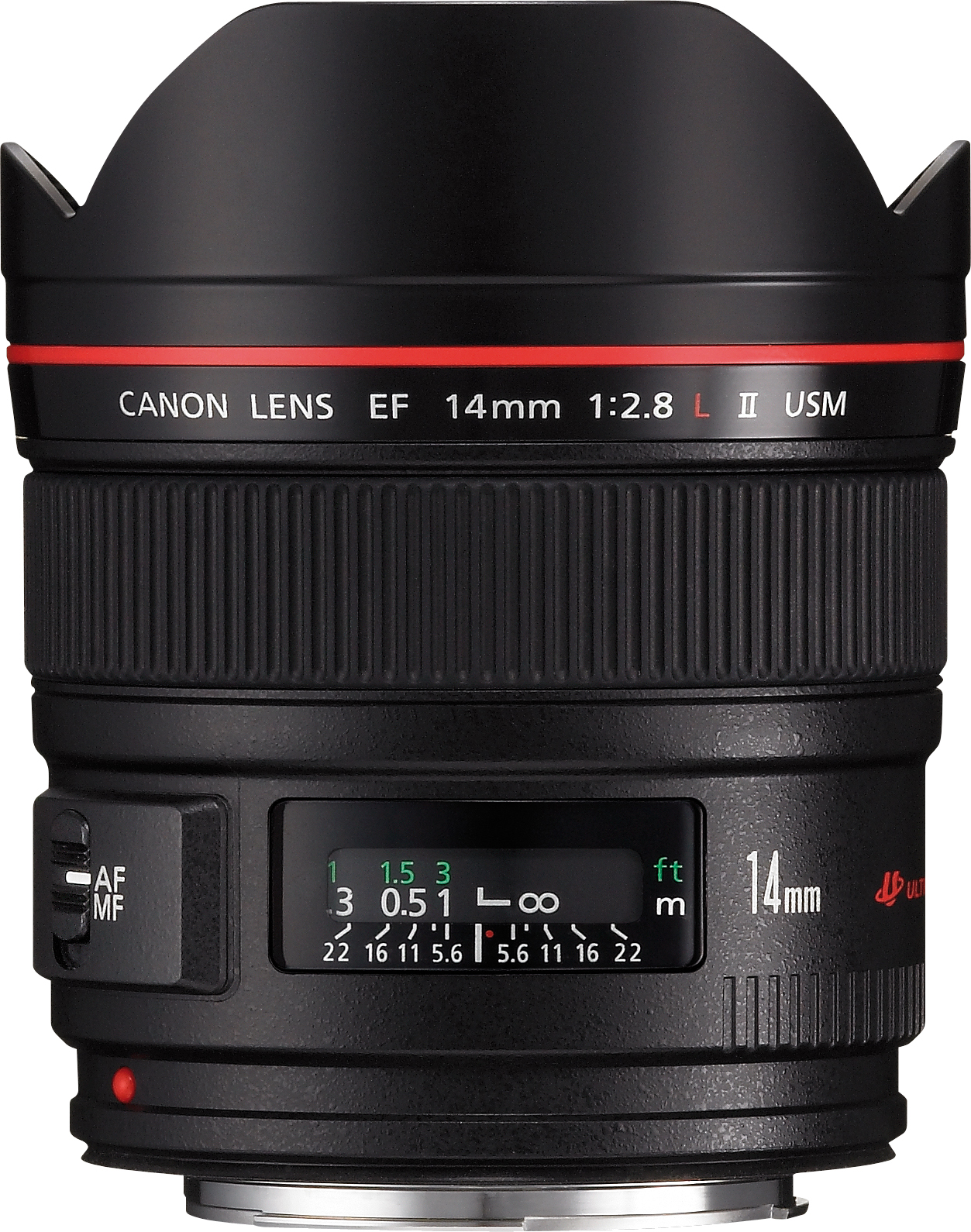 Schwarzes Canon EF 14mm 1:2.8 L II USM Objektiv mit Fokus- und Tiefenskala.