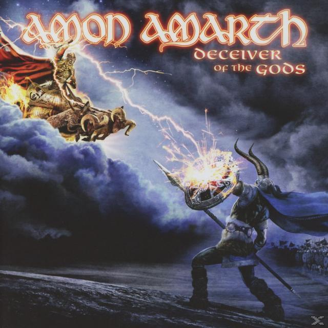Amon Amarth Albumcover. Ein Wikinger kämpft gegen eine gehörnte Figur inmitten von Gewitterwolken.