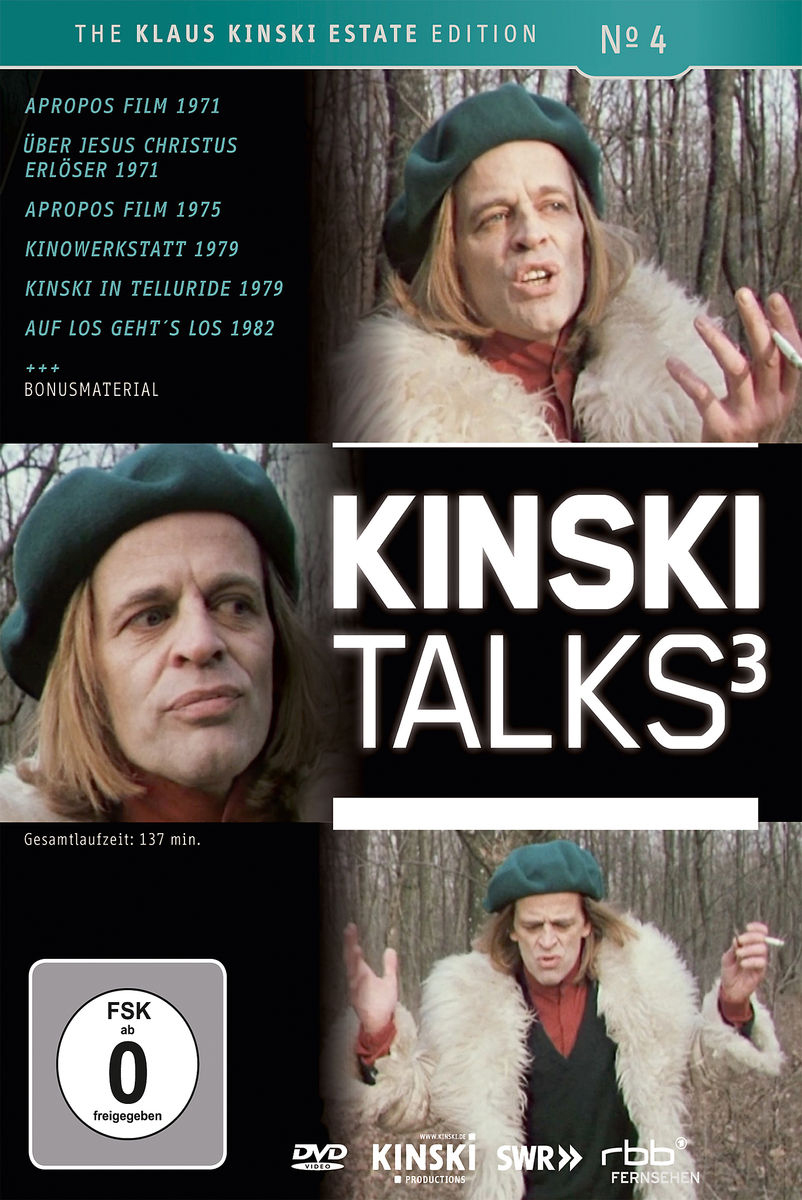 DVD-Cover. Mann mit Hut und Bart. Text: Kinski Talks3, The Klaus Kinski Estate Edition.