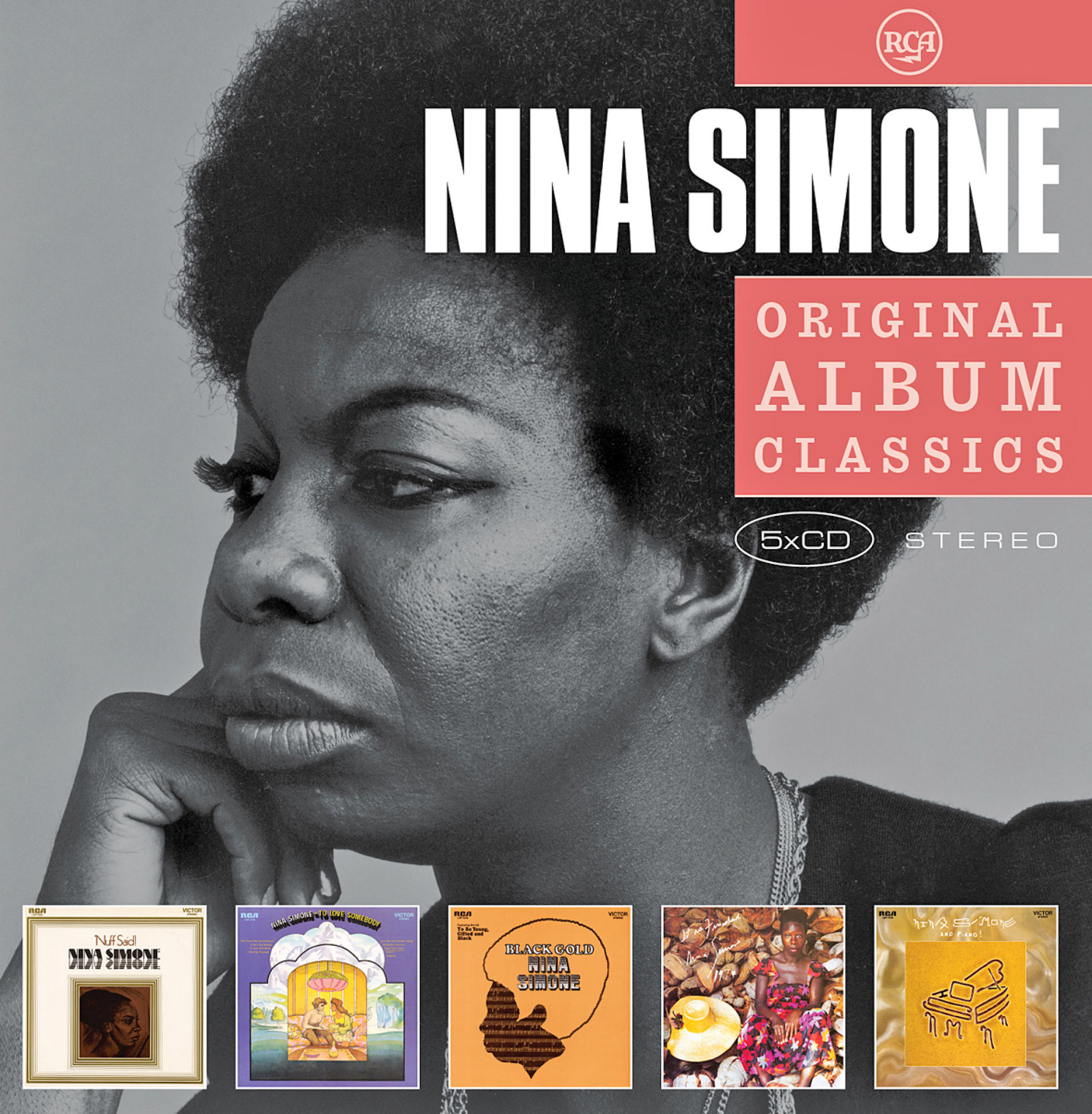 Albumcover von Nina Simone. Bild der Sängerin und Albumcover. Text: Nina Simone.